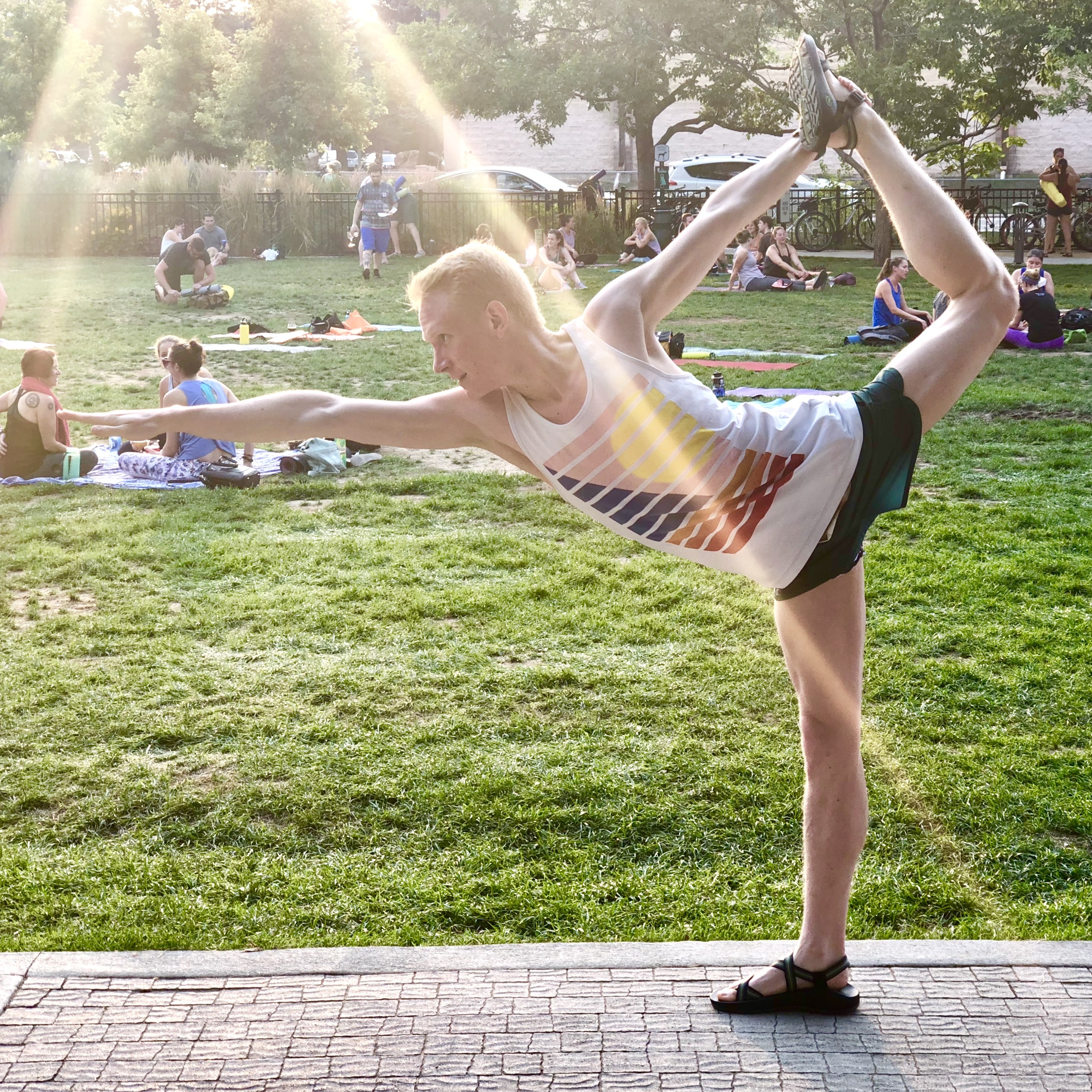Joshua in dancer's pose outdoors