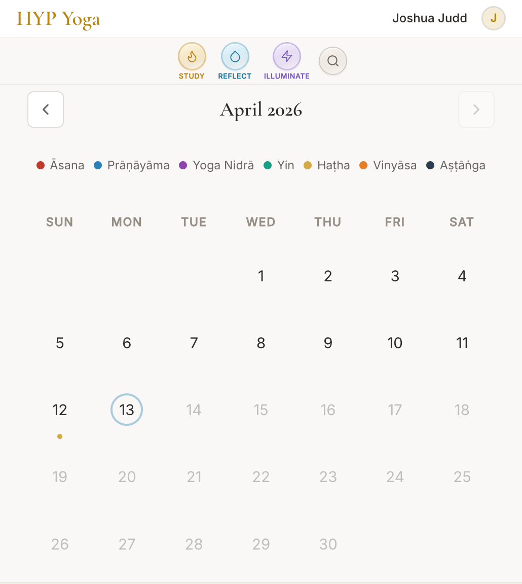 Practice Log calendar view for April 2026, with practice types legend: &Amacr;sana, Pr&amacr;&ntilde;&amacr;y&amacr;ma, Yoga Nidr&amacr;, Yin, Ha&thorn;ha, Viny&amacr;sa, A&scaron;&thorn;&amacr;&ntilde;ga.