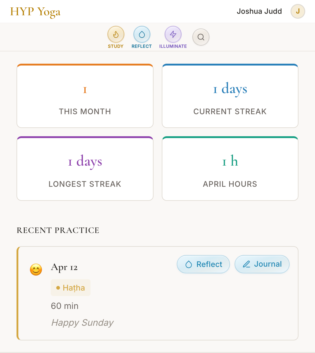 Practice Log stats: this month, current streak, longest streak, April hours, and recent practice card with Reflect and Journal buttons.
